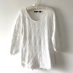 Jeanne Pierre White Cotton Lace Sweater with Scalloped Edges